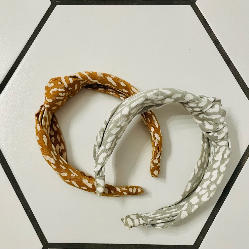 Madewell (2) Knotted Covered Headband Cheetah Animal Print Tan and Mint Gray